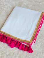 Load image into Gallery viewer, Mulmul Cotton x PomPom Saree : White x Hot Pink
