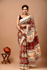 Load image into Gallery viewer, Mulmul Cotton Handblock Printed Saree : Brown x Tan
