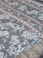 Load image into Gallery viewer, Floral x Printed Saree x Champagne border - Grey
