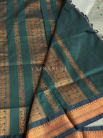Load image into Gallery viewer, Kalyani Cotton Saree - Copper Zari : Sage x Dark Green
