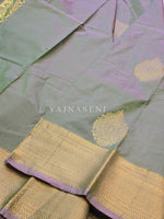 Load image into Gallery viewer, Semi Kanchi Silk x Gold Zari Saree - Sage (with purple undertones)
