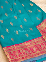 Load image into Gallery viewer, Lichi Silk Saree x Contrast Border : Teal Green x Magenta
