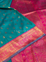 Load image into Gallery viewer, Lichi Silk Saree x Contrast Border : Teal Green x Magenta
