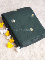 Load image into Gallery viewer, Mulmul Cotton Saree x Embroidered Flowers x Contrast Tassels : Timber Green
