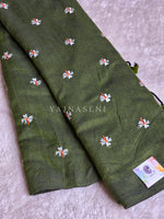 Load image into Gallery viewer, Khadi Cotton Saree x Embroidered Flowers : Dark Olive
