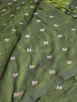 Load image into Gallery viewer, Khadi Cotton Saree x Embroidered Flowers : Dark Olive
