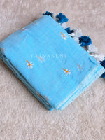 Load image into Gallery viewer, Mulmul Cotton Saree x Embroidered Flowers x Contrast Tassels : Baby Blue
