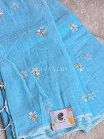 Load image into Gallery viewer, Mulmul Cotton Saree x Embroidered Flowers x Contrast Tassels : Baby Blue
