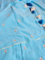 Load image into Gallery viewer, Mulmul Cotton Saree x Embroidered Flowers x Contrast Tassels : Baby Blue

