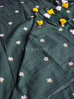 Load image into Gallery viewer, Mulmul Cotton Saree x Embroidered Flowers x Contrast Tassels : Timber Green
