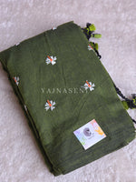Load image into Gallery viewer, Khadi Cotton Saree x Embroidered Flowers : Dark Olive
