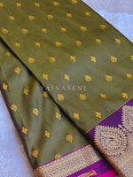 Load image into Gallery viewer, Semi Soft Silk Saree x Gold Zari - Olive x Pink x Purple
