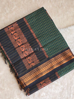 Load image into Gallery viewer, Kalyani Cotton Saree (checkered) - Copper Zari : Deep Green x Black
