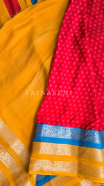 Load image into Gallery viewer, Georgette x Gold Zari Saree - Red x Blue x Deep Yellow
