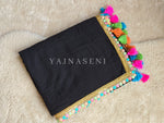 Load image into Gallery viewer, Mulmul Cotton x PomPom Saree : Black x Pastel Lace Border x Multicolour Tassels

