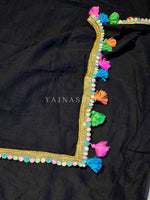 Load image into Gallery viewer, Mulmul Cotton x PomPom Saree : Black x Pastel Lace Border x Multicolour Tassels
