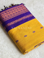 Load image into Gallery viewer, Kalyani Cotton Saree - Copper Zari : Mustard x Purple
