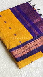Load image into Gallery viewer, Kalyani Cotton Saree - Copper Zari : Mustard x Purple
