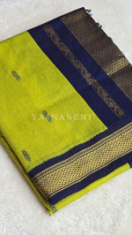 Load image into Gallery viewer, Kalyani Cotton Saree - Gold Zari : Lime Green x Dark Blue
