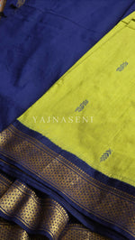 Load image into Gallery viewer, Kalyani Cotton Saree - Gold Zari : Lime Green x Dark Blue
