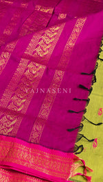 Load image into Gallery viewer, Kalyani Cotton Saree - Gold Zari : Lime Green x Fuchsia x Pink
