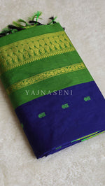 Load image into Gallery viewer, Kalyani Cotton Saree - Gold Zari : Blue x Parrot Green x Lime Green
