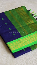 Load image into Gallery viewer, Kalyani Cotton Saree - Gold Zari : Blue x Parrot Green x Lime Green
