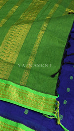 Load image into Gallery viewer, Kalyani Cotton Saree - Gold Zari : Blue x Parrot Green x Lime Green
