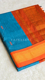 Load image into Gallery viewer, Kalyani Cotton Saree - Gold Zari : Cerulean Blue x Orange
