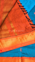 Load image into Gallery viewer, Kalyani Cotton Saree - Gold Zari : Cerulean Blue x Orange
