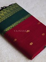 Load image into Gallery viewer, Kalyani Cotton Saree - Gold Zari : Red x Dark Green
