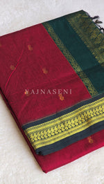 Load image into Gallery viewer, Kalyani Cotton Saree - Gold Zari : Red x Dark Green
