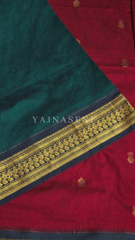 Load image into Gallery viewer, Kalyani Cotton Saree - Gold Zari : Red x Dark Green

