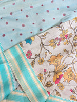 Load image into Gallery viewer, Handloom Cotton Saree x Floral Prints - Light Grey x Light Turquoise
