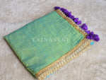 Load image into Gallery viewer, Mulmul Cotton x PomPom Saree : Aqua Green x Purple
