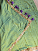 Load image into Gallery viewer, Mulmul Cotton x PomPom Saree : Aqua Green x Purple

