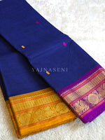 Load image into Gallery viewer, Kanchi Cotton Saree x Ganga-Jamuna Border : Blue x Mustard x Purple

