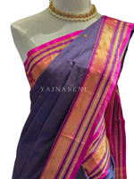 Load image into Gallery viewer, Kanchi Cotton Saree x Thin Border : Steel Blue [Pink Undertone] x Hot Pink

