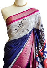 Load image into Gallery viewer, Viscose Georgette Saree x Checkered Zari - Blue x Off White
