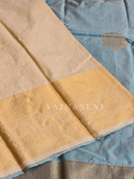 Load image into Gallery viewer, Color Block Series : Semi Kanchi Silk Saree - Ashblue x Cream
