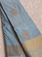 Load image into Gallery viewer, Color Block Series : Semi Kanchi Silk Saree - Ashblue x Cream
