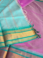 Load image into Gallery viewer, Mangalagiri Pure Cotton Saree : Purple x Light Blue x Teal Green
