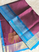Load image into Gallery viewer, Elephant Border x Kattam Silk Cotton Saree : Plum x Sky Blue
