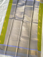 Load image into Gallery viewer, Kanchipuram Semi Silk Saree x Checkered - Light Olive x Periwinkle Blue

