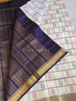 Load image into Gallery viewer, Handloom Kanchipuram Silk Cotton Saree x Big Kattam : Ivory x Grey x Dark Blue
