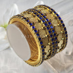 Load image into Gallery viewer, Bangle stack - Silk Thread , Kundan &amp; Lakshmi : Gold x Blue
