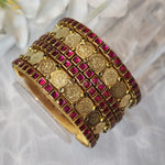 Load image into Gallery viewer, Bangle stack - Silk Thread , Kundan &amp; Lakshmi : Gold x Pink

