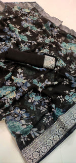 Load image into Gallery viewer, Floral x Chiffon Saree : Black
