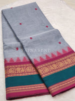 Load image into Gallery viewer, Kanchipuram Pure Cotton saree - Cadet Grey x Berry x Teal
