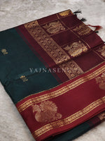 Load image into Gallery viewer, Kalyani Cotton x Peacock Saree : Timber Green x Maroon
